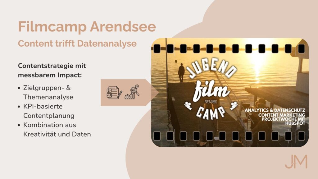 Titelbild der Contentstrategie für das Filmcamp Arendsee mit Social-Media-Vorschau und KPI-Icons.