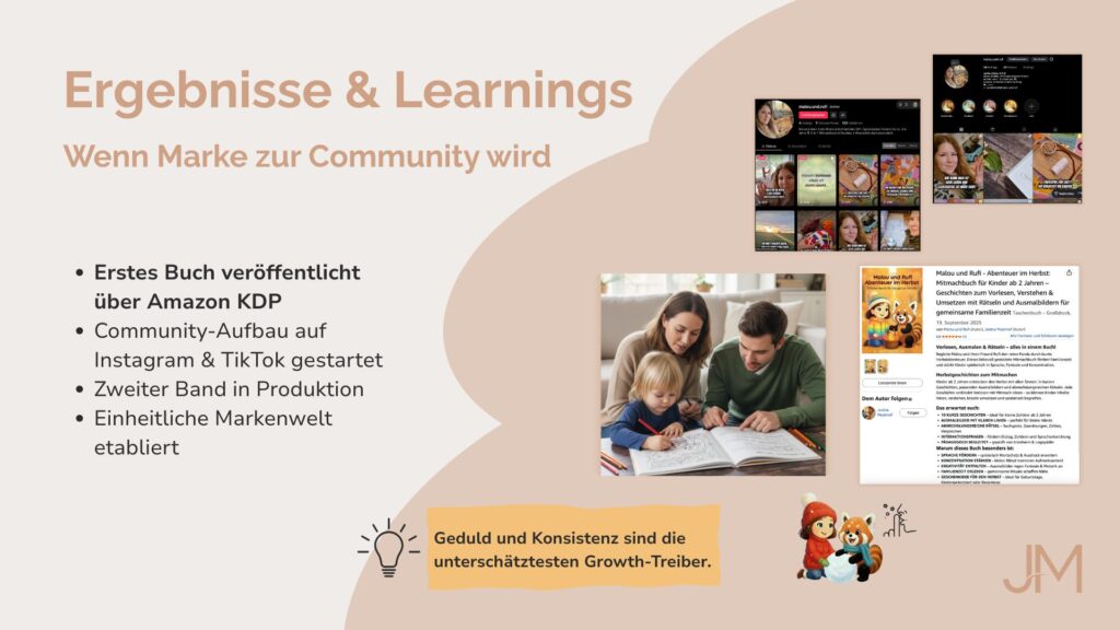 Social-Media-Posts und Produktmockups zur Kinderbuchmarke Malou & Rufi, inklusive Launch-Content für Instagram und Amazon KDP.